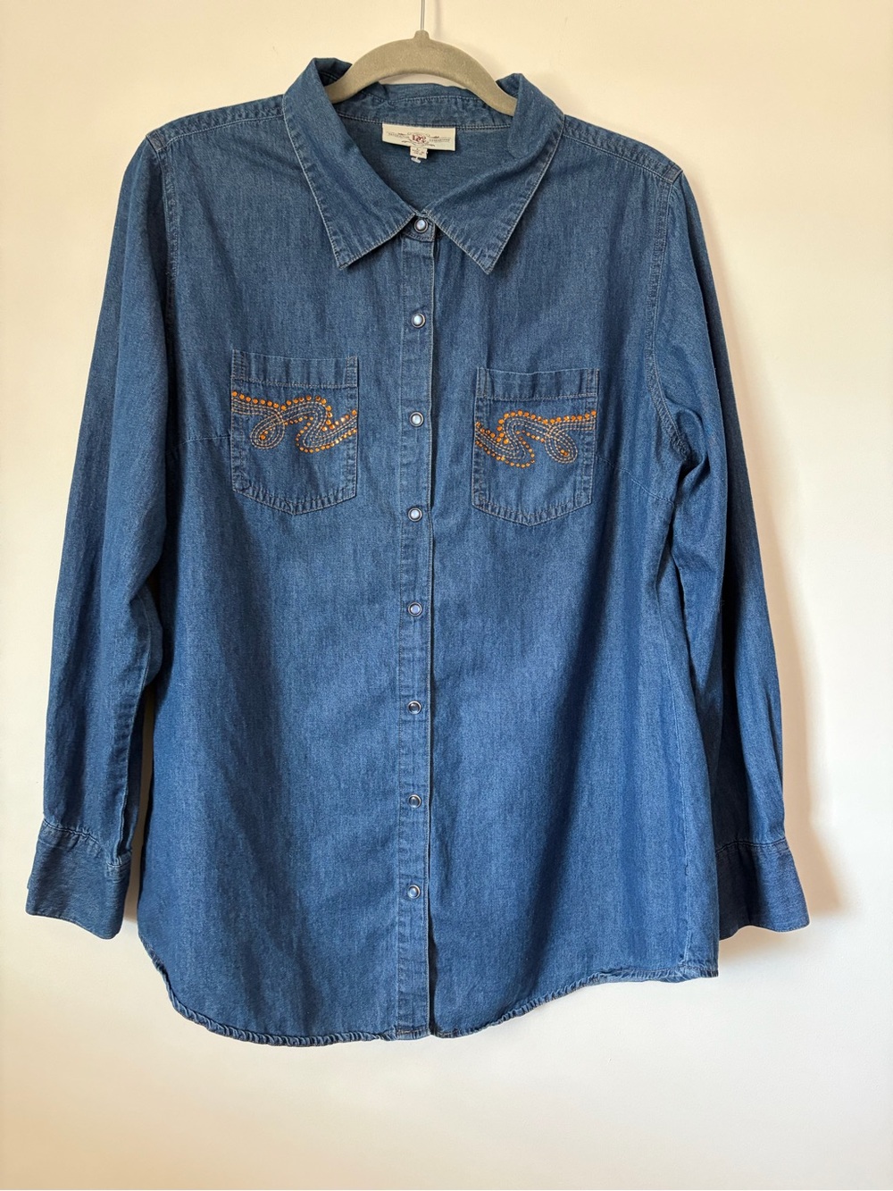 Western snap button denim blouse top cotton size L beaded jeweled rodeo cowgirl